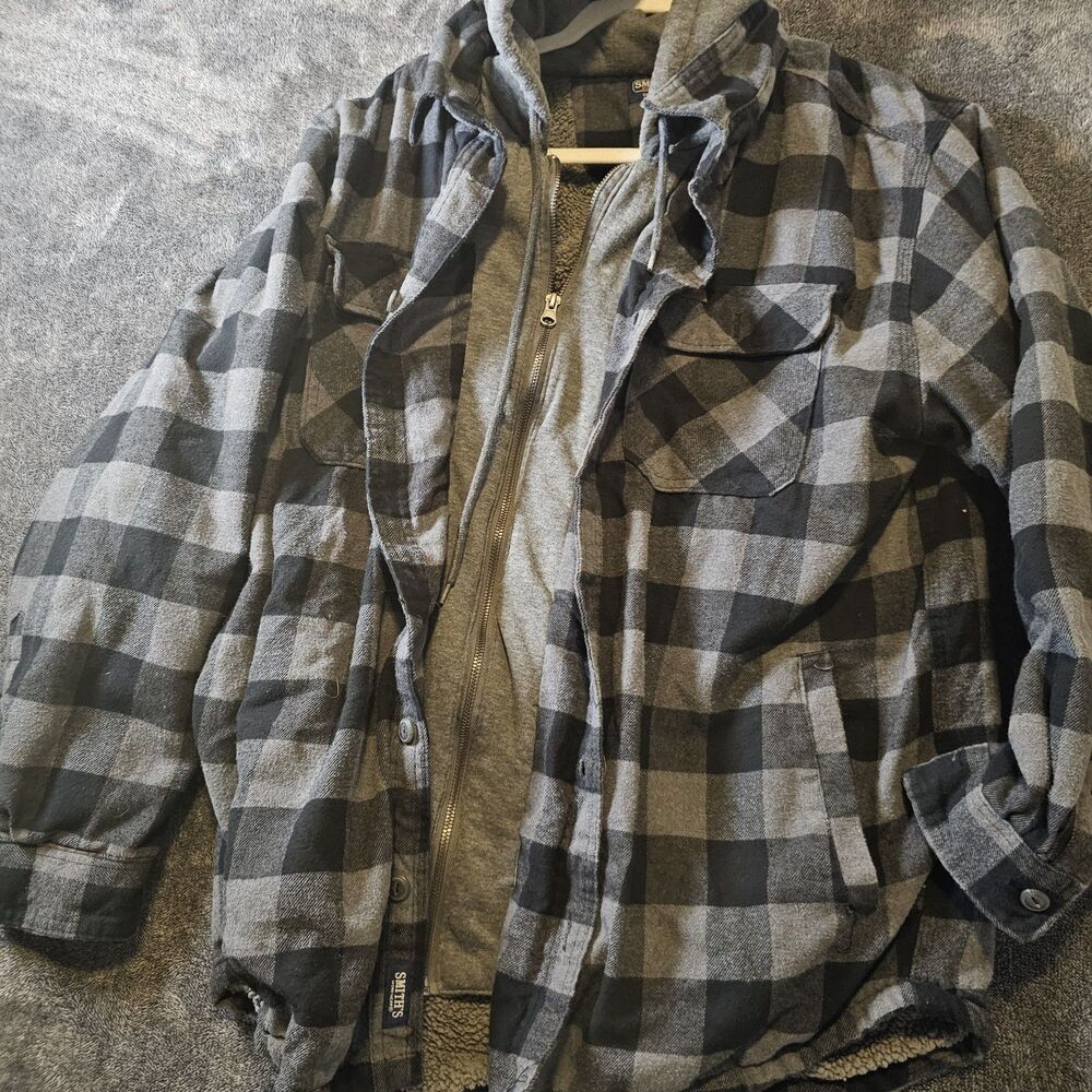 Smith's Workwear Sherpa Lined Hooded Flannel Jacket Gray Black Plaid Men's XL - Picture 3 of 7
